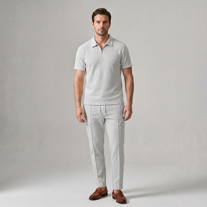 Herren Zweiteiler Set - Reißverschluss-Poloshirt und Hose - Grau