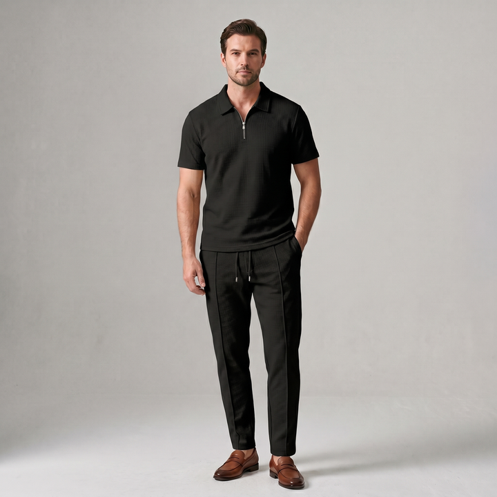 Herren Zweiteiler Set - Reißverschluss-Poloshirt und Hose - Schwarz