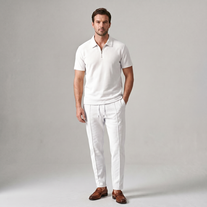 Herren Zweiteiler Set - Reißverschluss-Poloshirt und Hose - Weiß