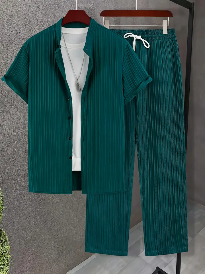 Herrenanzug | Modern & Stilvoll | Texturiertes Wellenmuster | Kurze Ärmel & Lange Hose