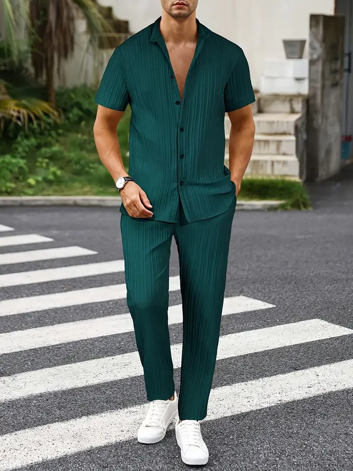 Herrenanzug | Modern & Stilvoll | Texturiertes Wellenmuster | Kurze Ärmel & Lange Hose
