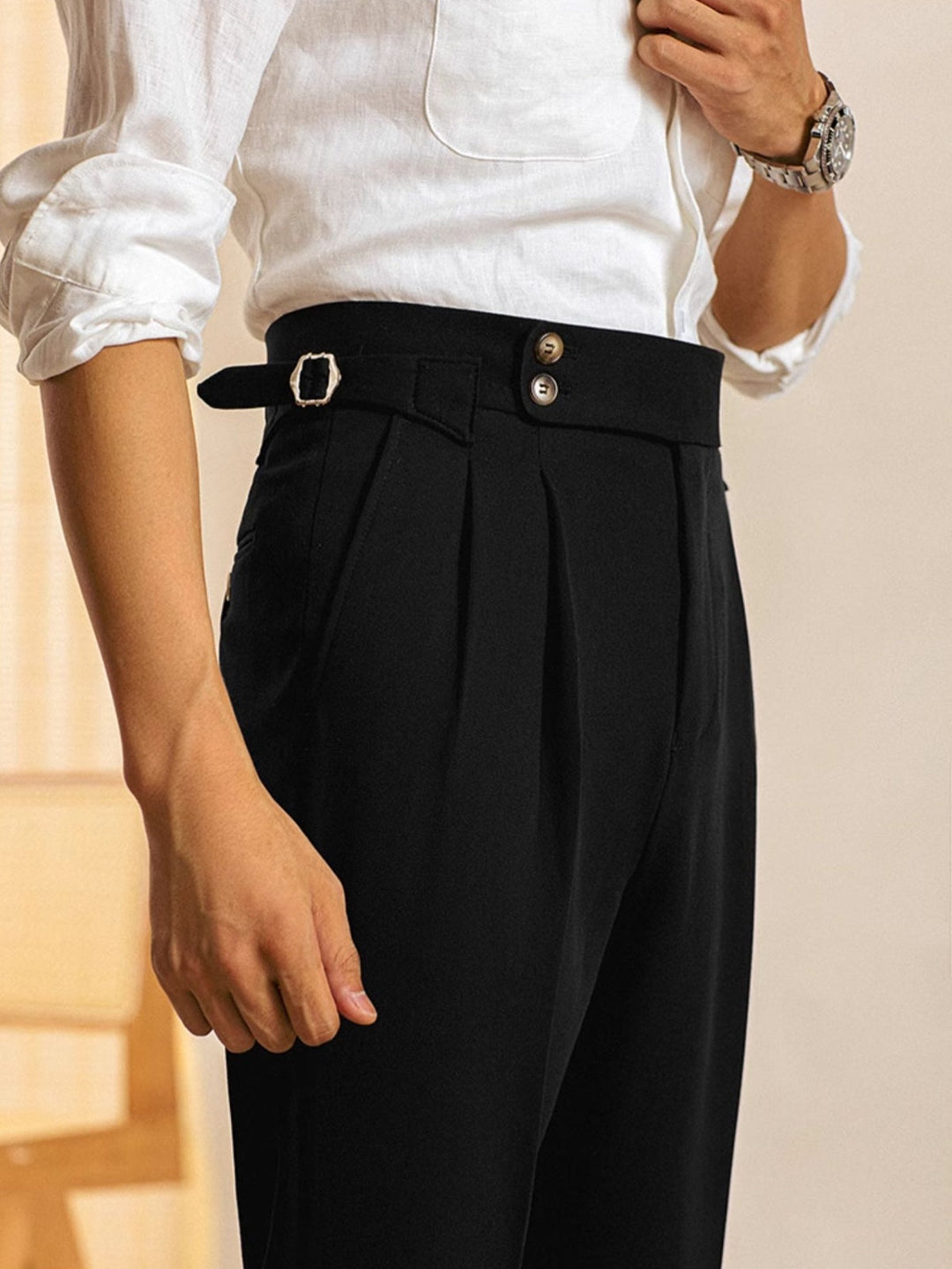 Herrenhose | Hohe Taille | Falten & Klassische Passform | Polyester